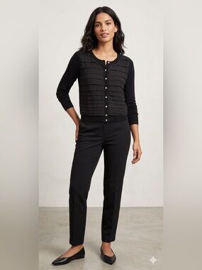 Ann Taylor Black Ruffle Front Cardigan Rhinestone Button Cashmere Silk Blend M